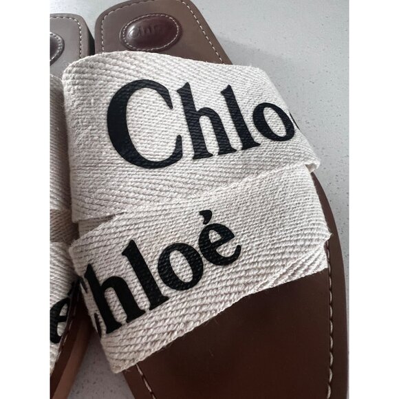 Chloe Woody Flat Logo white Ribbon Slide Sandals Size 39 - Picture 6 of 9
